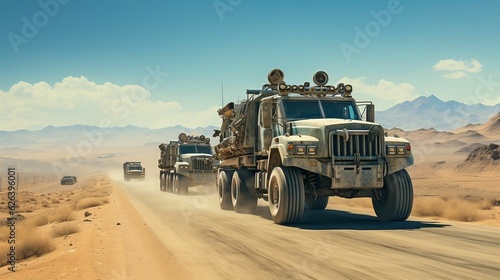 A convoy of heavy military transporter vehicles under a clear blue sky
