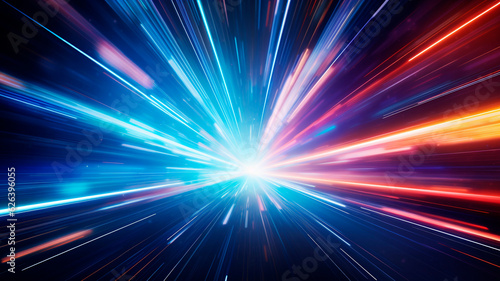 A background featuring light speed  hyperspace  and space warp. Colorful streaks of light converge towards the event horizon  creating a captivating visual display 