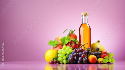  a bottle of wine and a bunch of fruit on a table.  generative ai