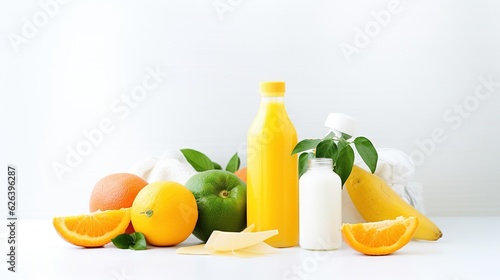  a white table topped with oranges and a bottle of milk. generative ai