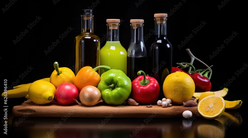 a table topped with bottles of olives, peppers, lemons and peppers. generative ai a table topped with bottles of olives, peppers, lemons and peppers. generative ai