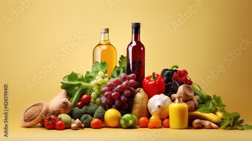  a pile of assorted fruits and vegetables next to bottles of wine. generative ai