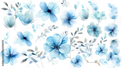  a bunch of blue flowers with leaves on a white background. generative ai