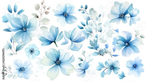  a bunch of blue flowers on a white background with watercolor effect.  generative ai