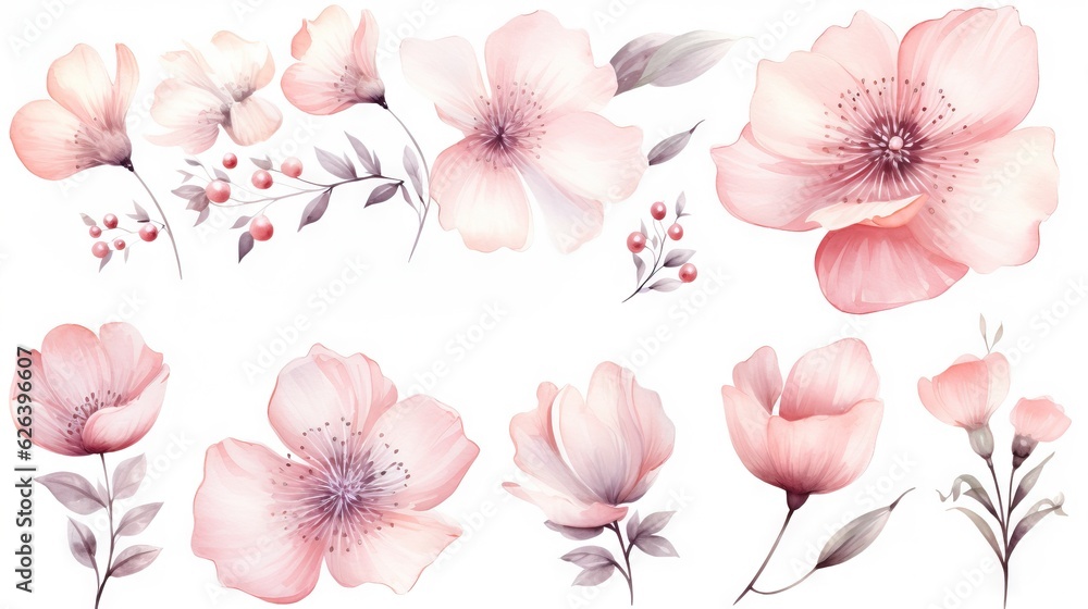  a set of pink flowers with leaves and buds on a white background.  generative ai