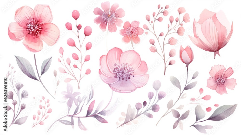  a bunch of flowers that are on a white background with pink and grey leaves.  generative ai