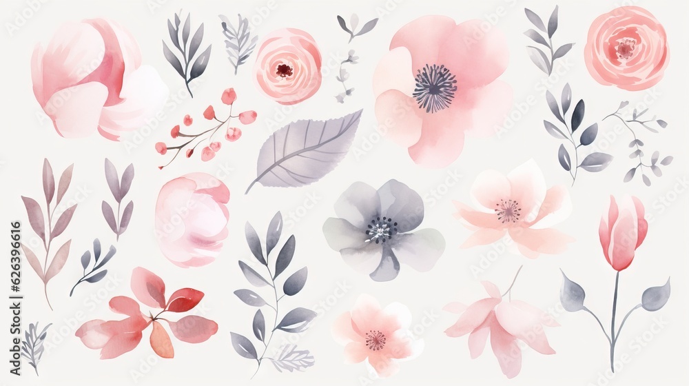  a bunch of flowers that are on a white background with pink and grey leaves.  generative ai