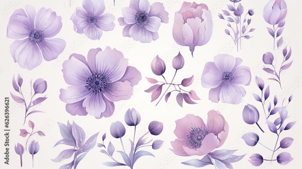  a bunch of flowers that are on a white background with purple leaves.  generative ai