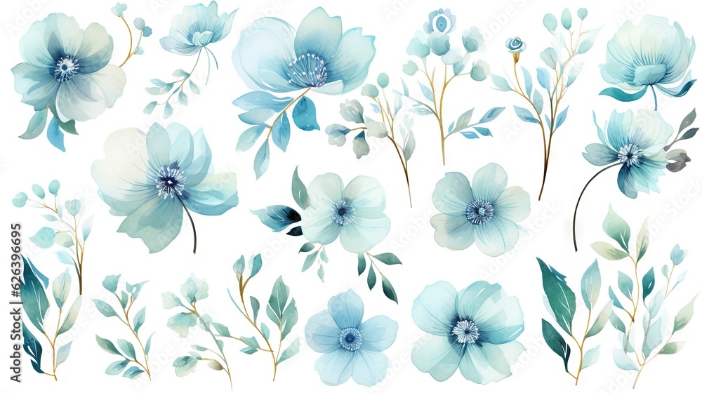  a set of blue flowers and leaves on a white background.  generative ai