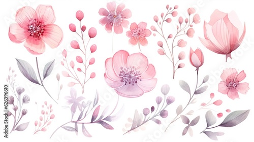  a bunch of flowers that are on a white background with pink and grey leaves.  generative ai