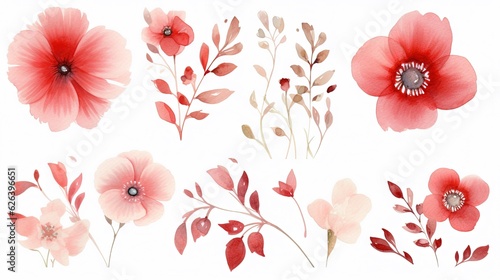  a bunch of flowers that are on a white background with red leaves. generative ai