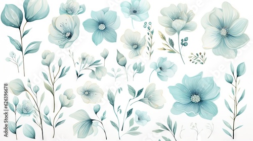  a bunch of flowers that are on a white background with blue leaves. generative ai