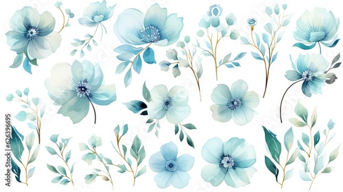  a set of blue flowers and leaves on a white background.  generative ai © Shanti