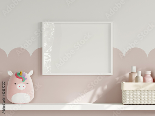 Frame mockup in cozy kids room interior, girl room poster mockup, 3d render