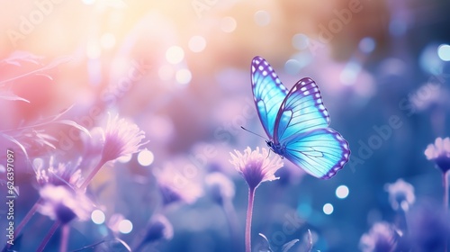  a blue butterfly sitting on a flower in a field of purple flowers. generative ai
