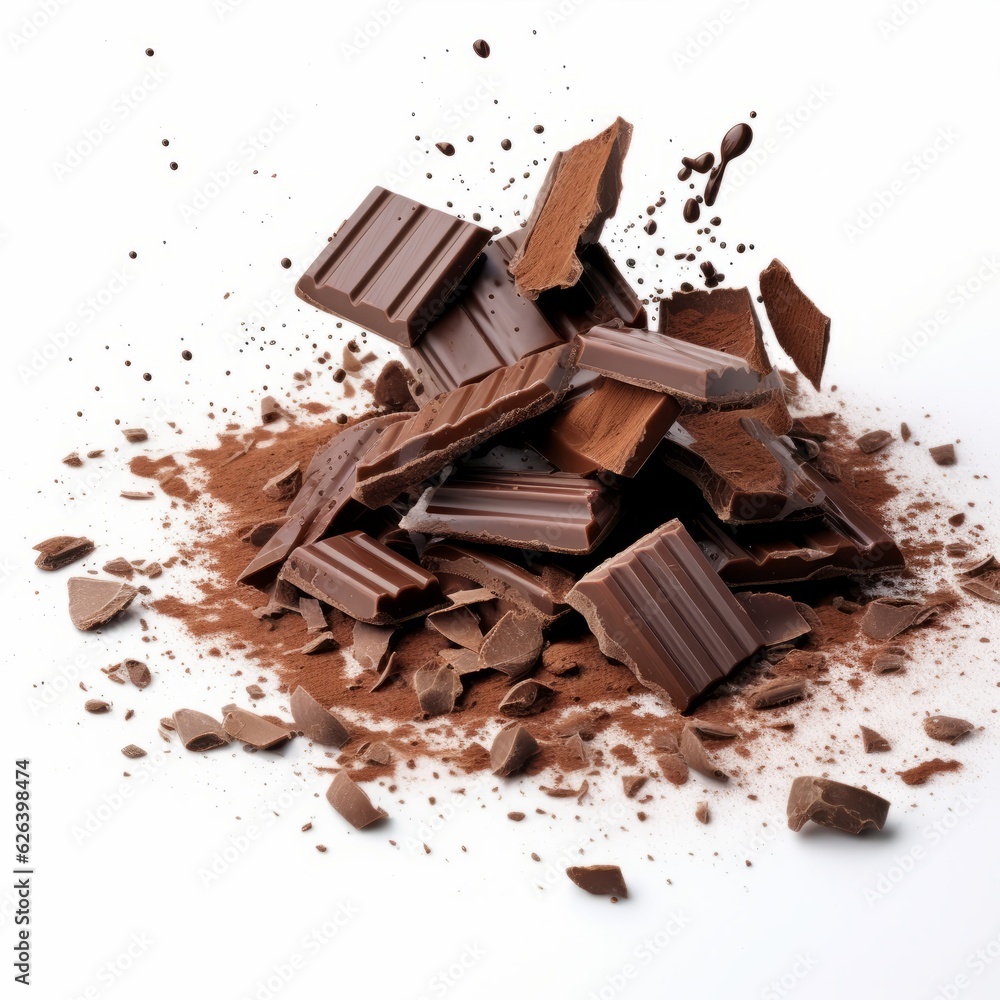 Fototapeta premium Chocolate pieces and shavings isolated on white background