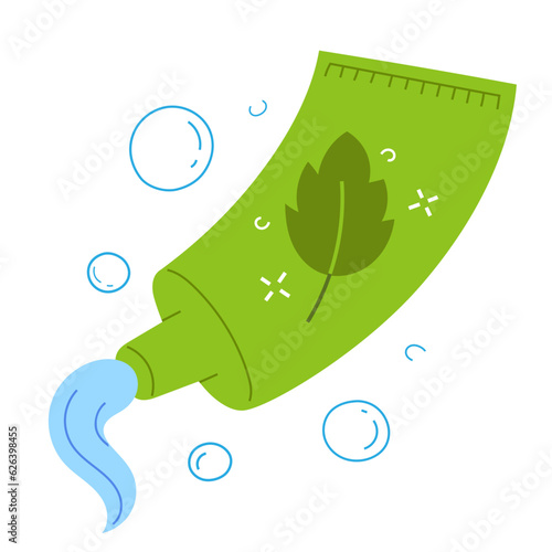 Toothpaste tube with tooth paste smear, illustration, colored flat vector of tooth paste with mint flavor, vector drawing isolated on white background