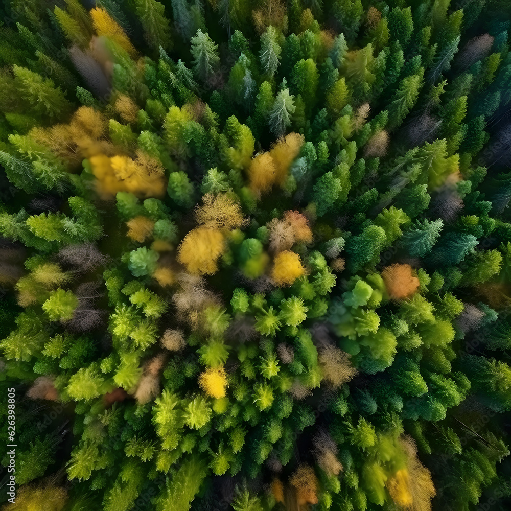 Top down view of a forest, tall trees in a forest drone shot