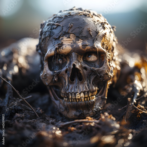 Human skull in the mud with worms crawling, battlefield remains © HY