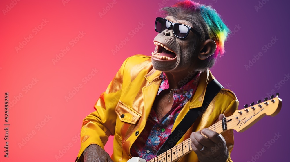 Chimpanzee rock musician playing guitar. Monkey playing electric guitar. Space for text. Generative AI