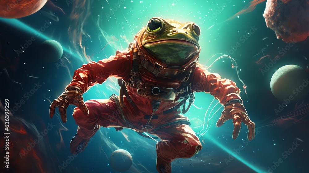 Frog astronaut in a space suit. Space frog in outer space. Generative AI Frog astronaut in a space suit. Space frog in outer space. Generative AI