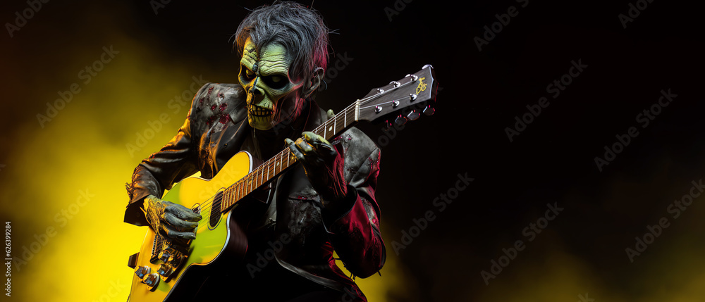 Zombie musician playing guitar. Zombie man holds an electric guitar. Rock Musician. Hard rock party. Halloween party. Generative AI