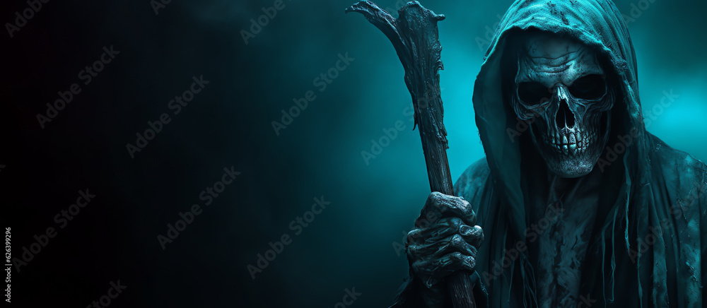 Obraz premium Death in black cloak. Death in black clothes with black hood. Halloween concept. Scary ghost. Generative AI