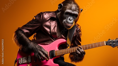 Chimpanzee rock musician playing guitar. Monkey playing electric guitar. Generative AI