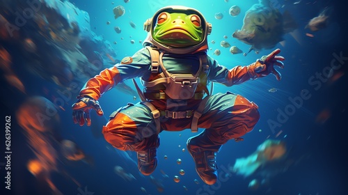 Frog astronaut in a space suit. Space frog in outer space. Generative AI © Olena