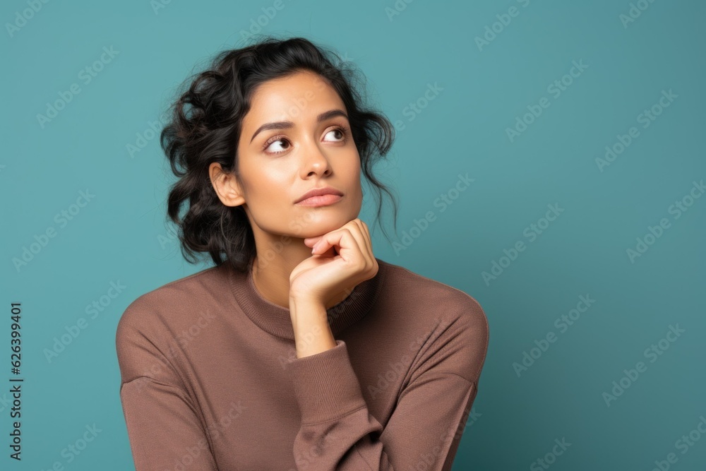 A fictional pensive woman. Person thinking. Isolated on a blue background. Generative AI. A fictional pensive woman. Person thinking. Isolated on a blue background. Generative AI.