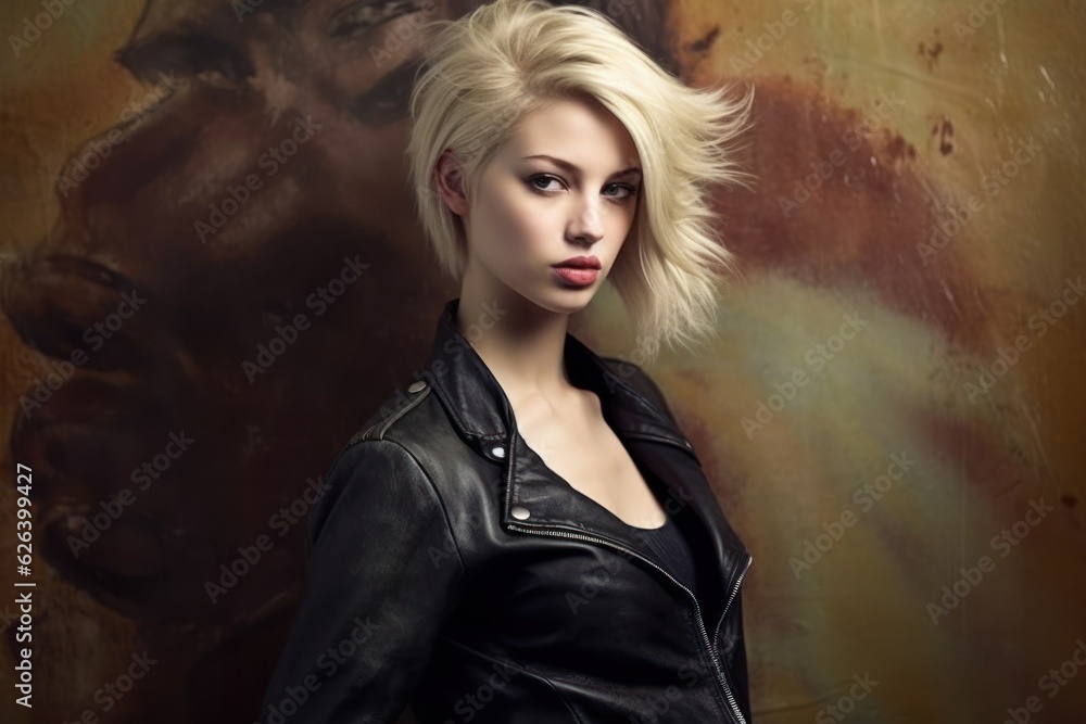 Beautiful fictional blonde rocker girl portrait with leather jacket. Generative AI. Beautiful fictional blonde rocker girl portrait with leather jacket. Generative AI.