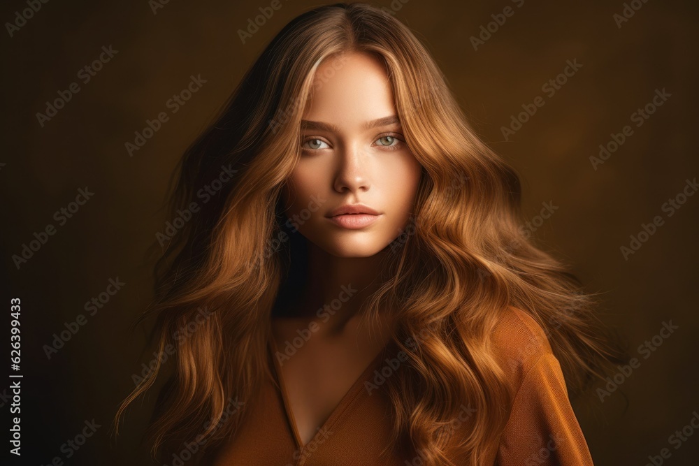 Portrait of a fictional beautiful brunette woman, isolated on a dark brown background. Generative AI. Portrait of a fictional beautiful brunette woman, isolated on a dark brown background. Generative AI.