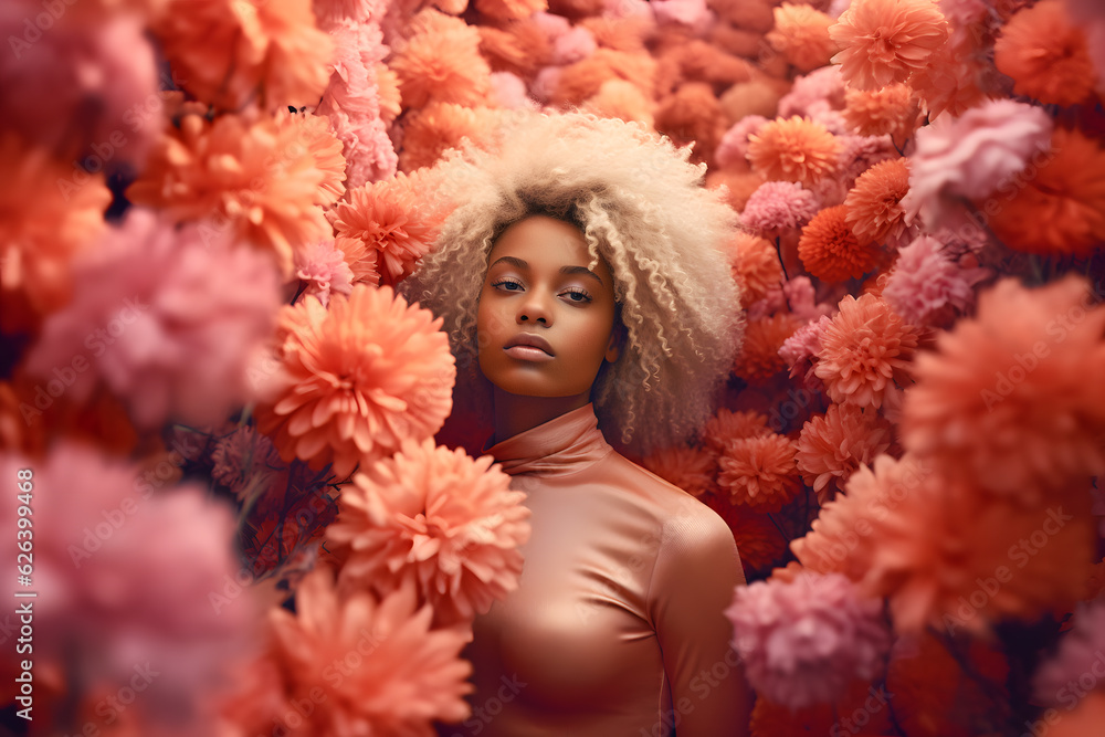 Blonde african american woman with curly hair among red and pink chrisathemum flowers. Spring floral beauty concept. Blonde african american woman with curly hair among red and pink chrisathemum flowers. Spring floral beauty concept.