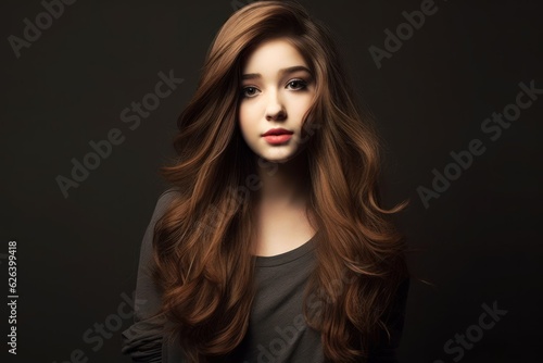 Portrait of a fictional beautiful woman with long hair, isolated on black background. Generative AI.