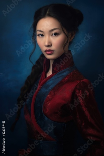 Portrait of a fictional asian woman wearing a traditional dress on a dark background. Generative AI.