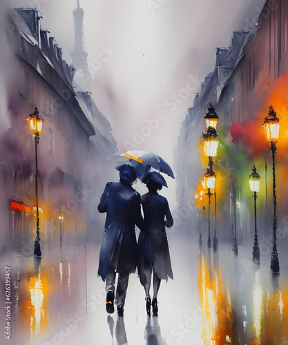 illustration, couple walking streets of Paris, generative ai