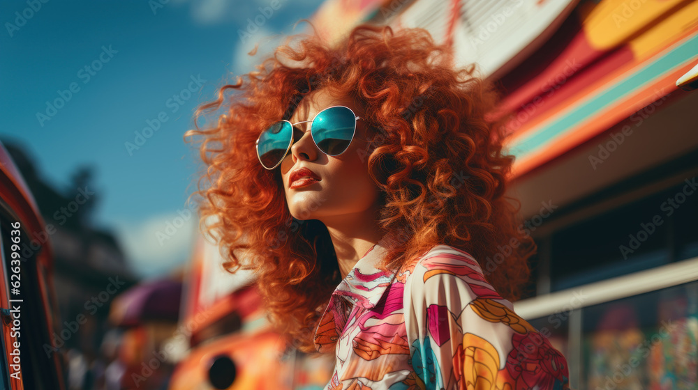A young fashion woman with red hair in the 1960s created with generative AI technology