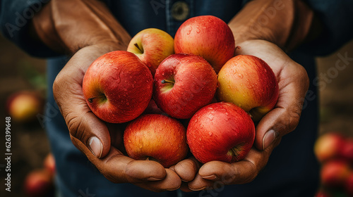 Apples in the farmer's hands. Harvest concept created with generative AI technology