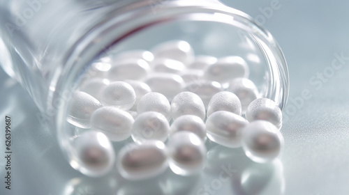 Close up of white pills spilling out of pill bottle on blurred background