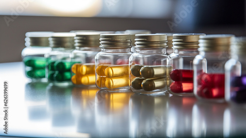 Colorful pills in glass bottles on table. Focus on foreground.