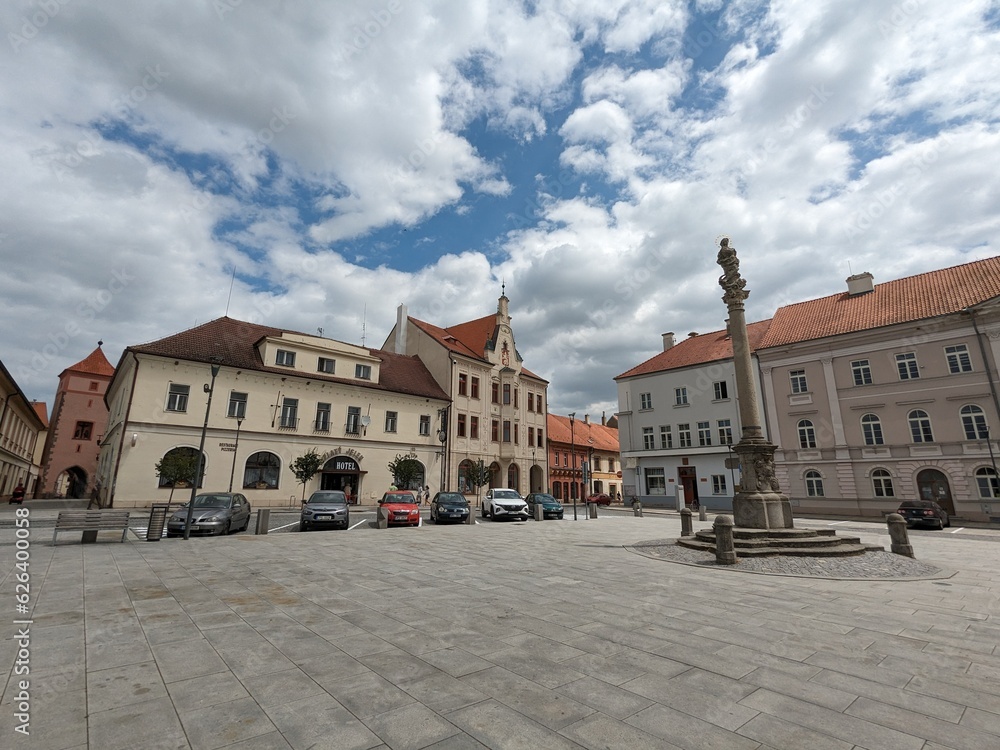 Horazdovice city center,church,fountain,Town Hall, panorama view and historical houses, Sumava region,Czech republic panorama landscape view,old town square 
