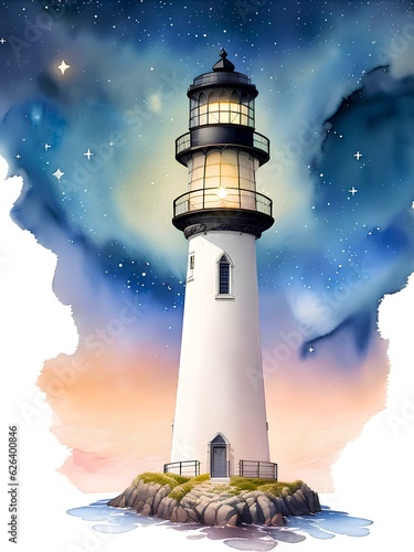 lighthouse standing proud on starry night sky in watercolor style