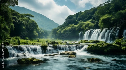 Enchanting waterfall framed by green forest and clouds