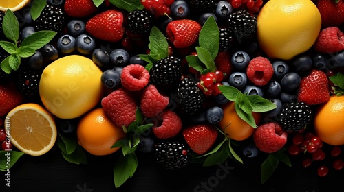 Heaps of appetizing fresh fruits in vibrant variety © Halim Karya Art