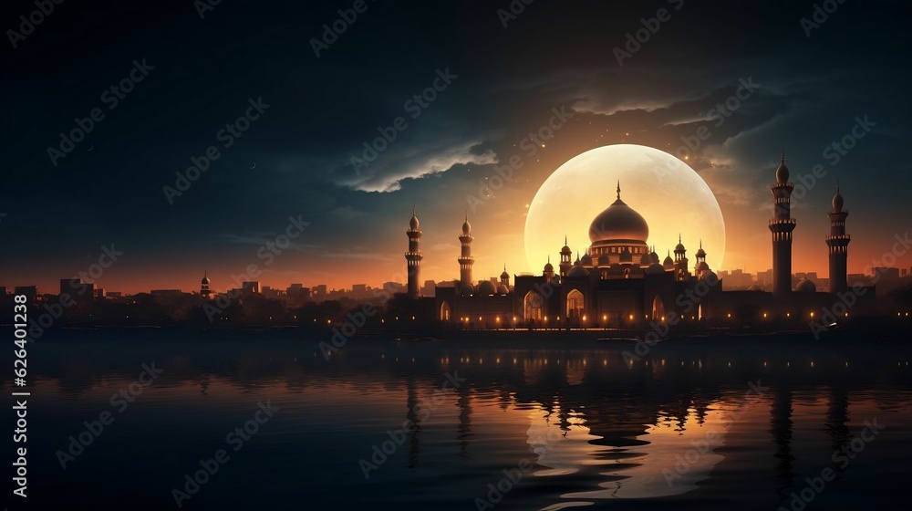 Silhouette illustration of a mosque on copy space