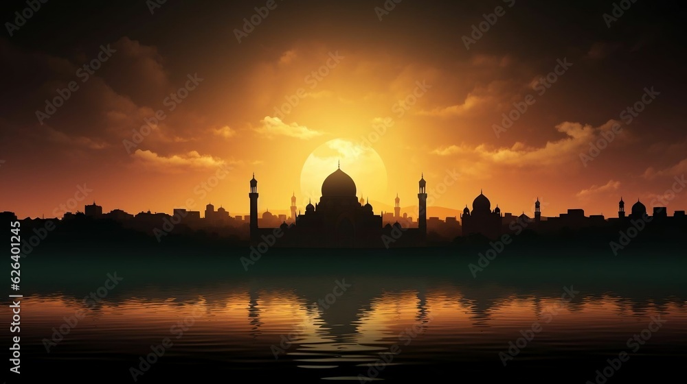 Naklejka premium Silhouette illustration of a mosque on copy space