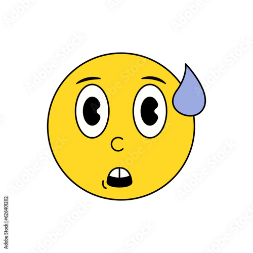 Retro Vintage Emoticon Showing Surprise and Discomfort. Astonished and Awkward Smiley Vector with open mouth wide open eyes and water sweat drop.. Editable Emoji Illustration