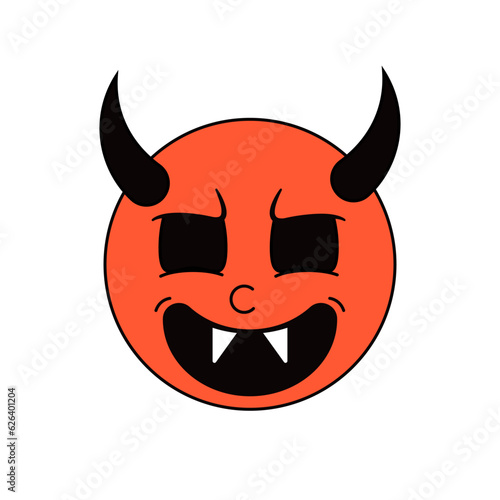 Vintage retro evil emoticon. Diabolical smiley emoji vector icon