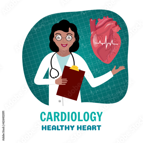 Brown doctor cardiologist with heart in vector illustration 