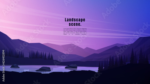 Vector illustration. Minimalist polygonal design. Nature landscape background. Panoramic view. Design element for web banner, website template. Cartoon flat style. Forest trees by water. Evening scene
